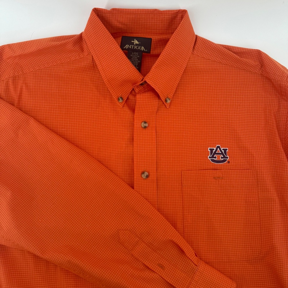 Antigua Auburn Tigers Shirt Men Large Orange Button Down Long Sleeve Micro-Check